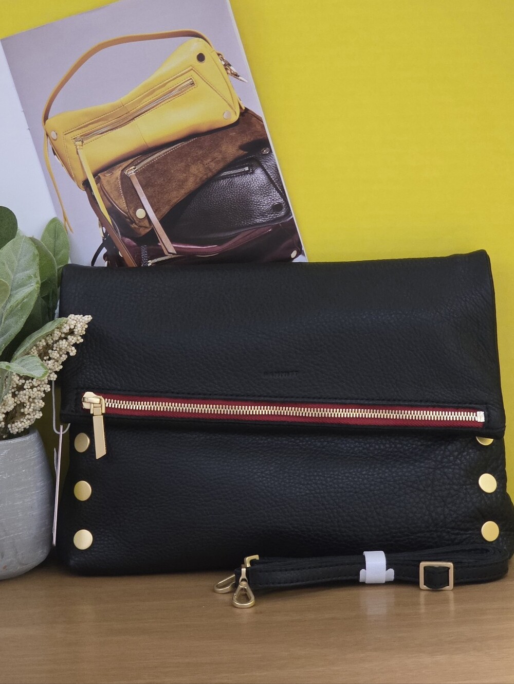 Hammitt Black Leather Large Vip Crossbody Clutch with Gold Hardware